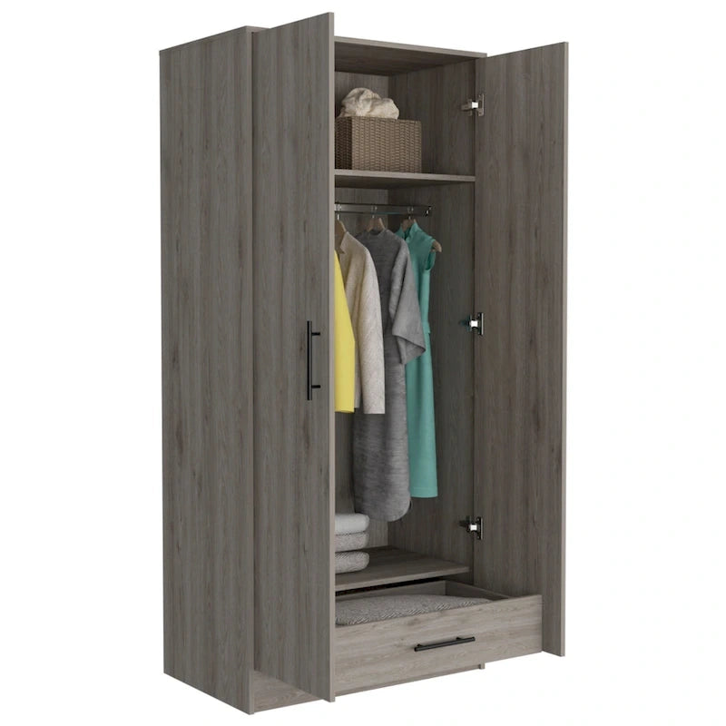 19.7 Modern Double-door Armoire with Two Shelves and One Drawer for Bedroom