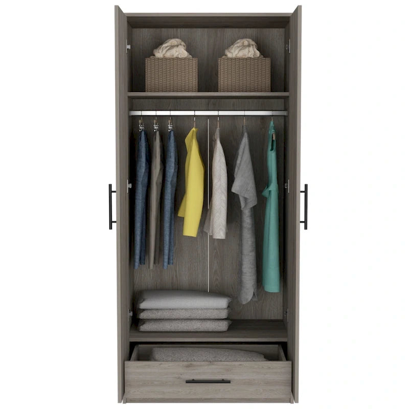 19.7 Modern Double-door Armoire with Two Shelves and One Drawer for Bedroom