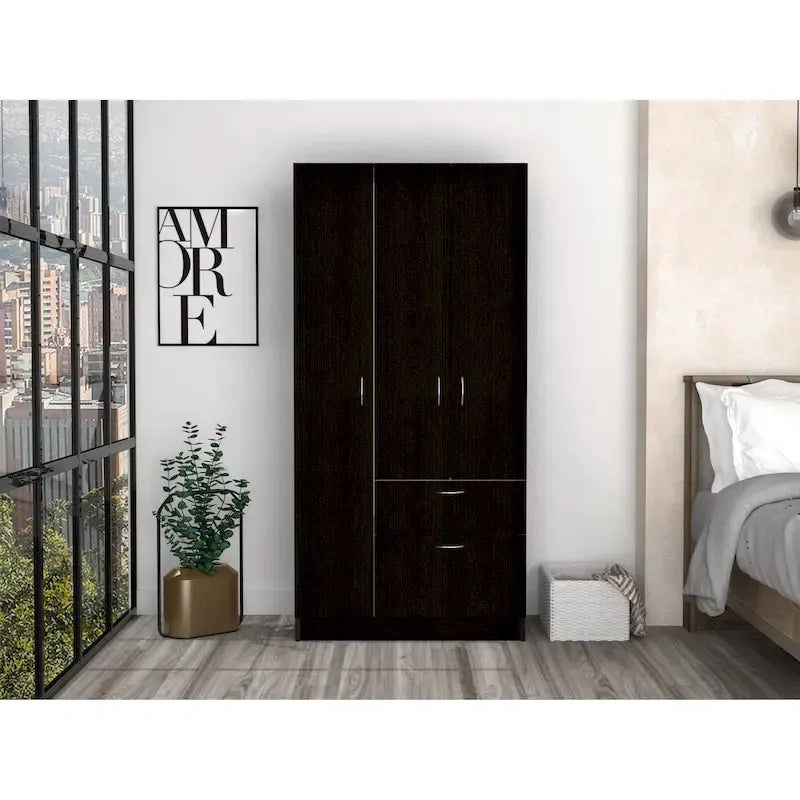 32.2 Modern Double-door Armoire with Five Shelves and One Drawer for Bedroom