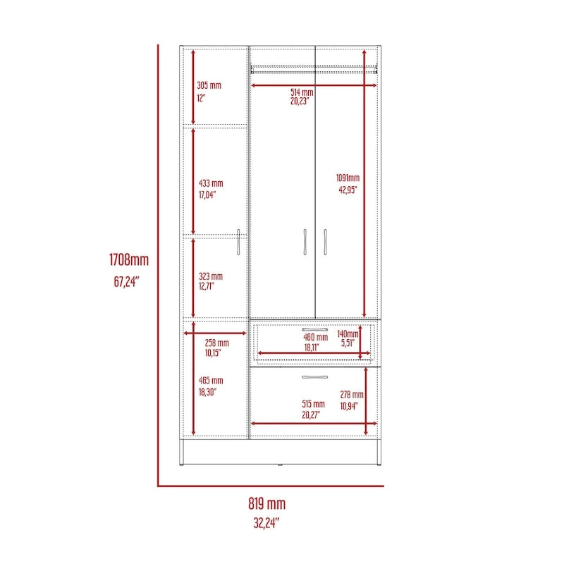 32.2 Modern Double-door Armoire with Five Shelves and One Drawer for Bedroom