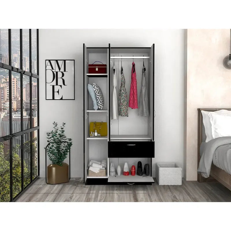 32.2 Modern Double-door Armoire with Five Shelves and One Drawer for Bedroom