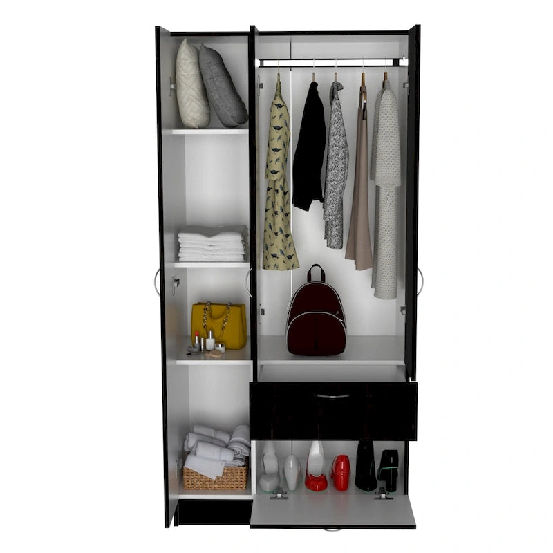 32.2 Modern Double-door Armoire with Five Shelves and One Drawer for Bedroom