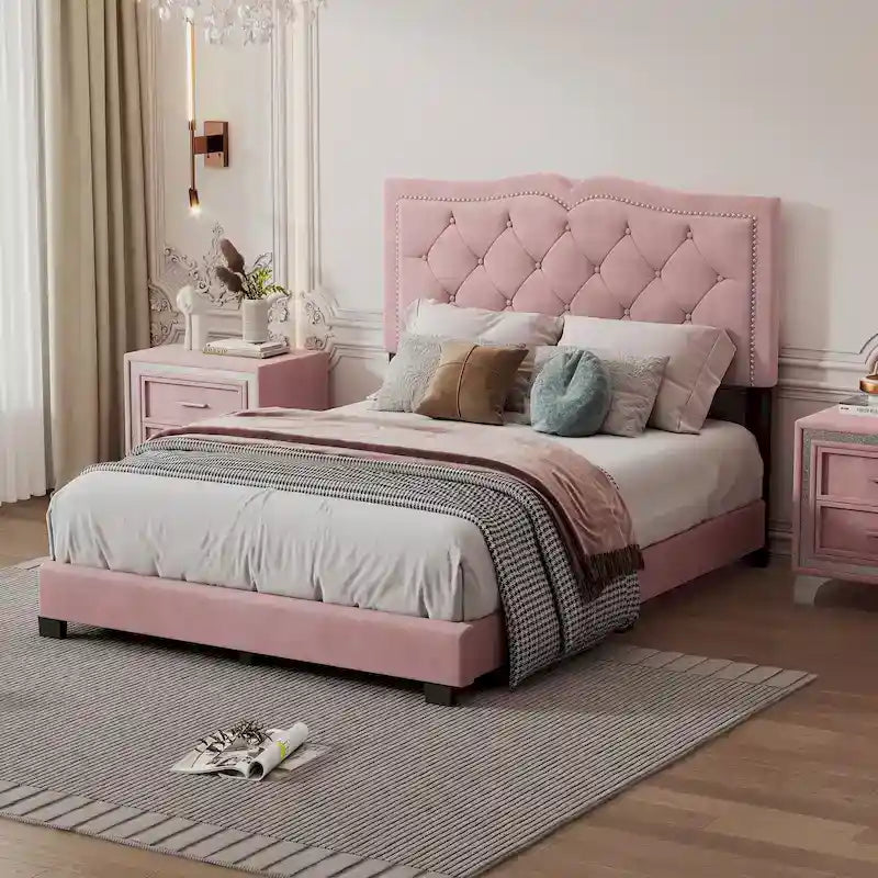 Full Size Modern Velvet Upholstered Platform Bed with Tufted Headboard