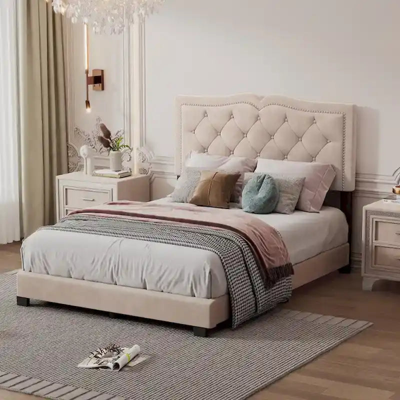 Full Size Modern Velvet Upholstered Platform Bed with Tufted Headboard