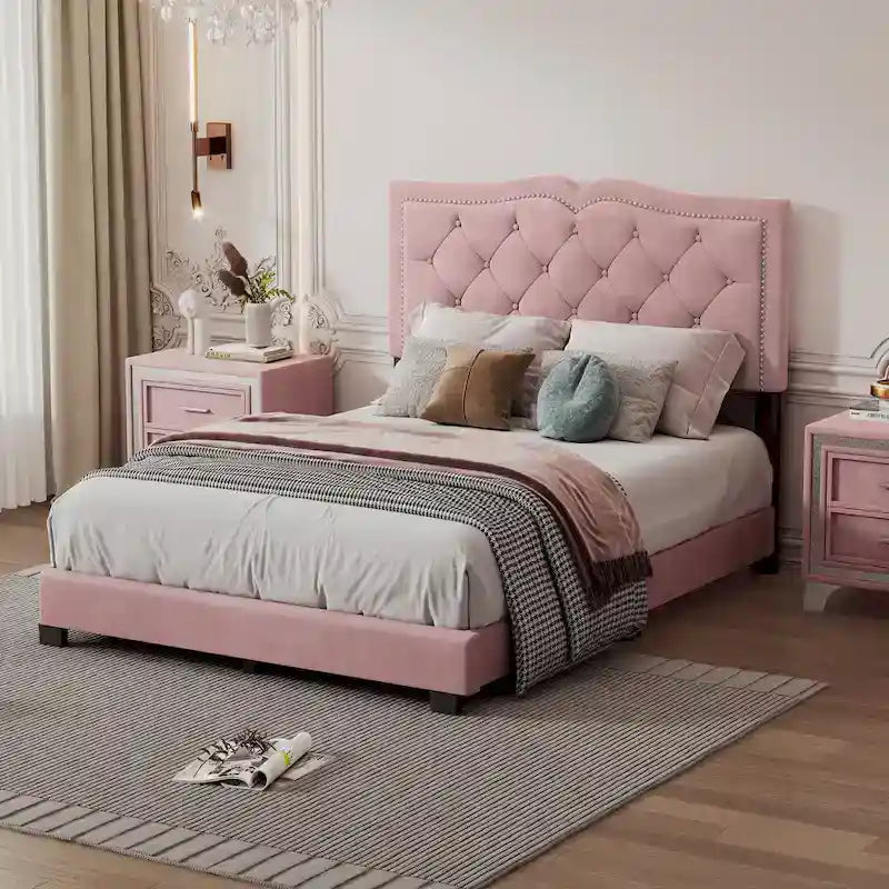 Full Size Modern Velvet Upholstered Platform Bed with Tufted Headboard