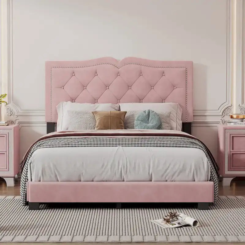 Full Size Modern Velvet Upholstered Platform Bed with Tufted Headboard