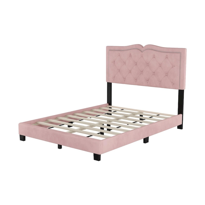Full Size Modern Velvet Upholstered Platform Bed with Tufted Headboard