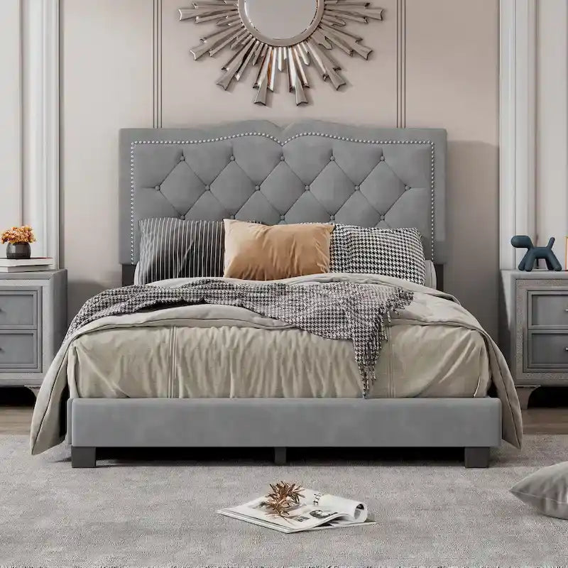 Full Size Modern Velvet Upholstered Platform Bed with Tufted Headboard