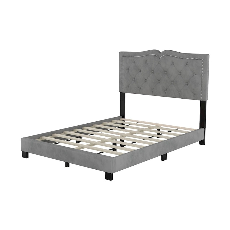 Full Size Modern Velvet Upholstered Platform Bed with Tufted Headboard