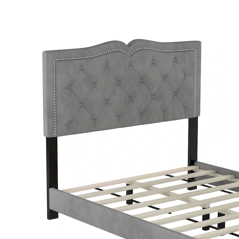 Full Size Modern Velvet Upholstered Platform Bed with Tufted Headboard