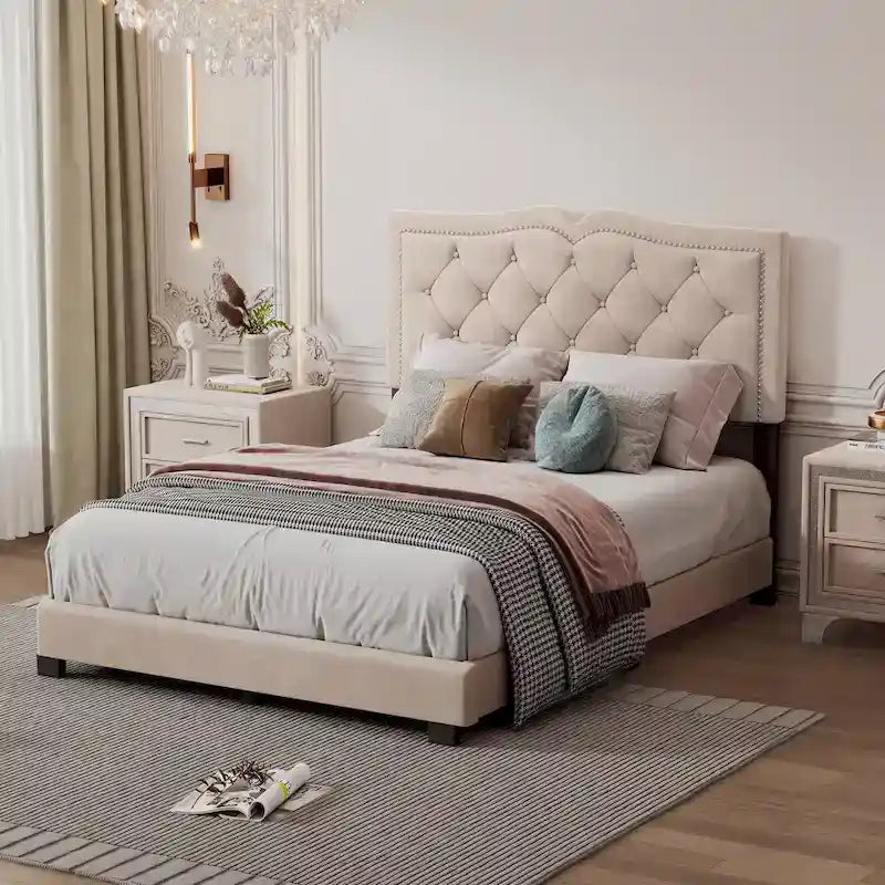 Full Size Modern Velvet Upholstered Platform Bed with Tufted Headboard