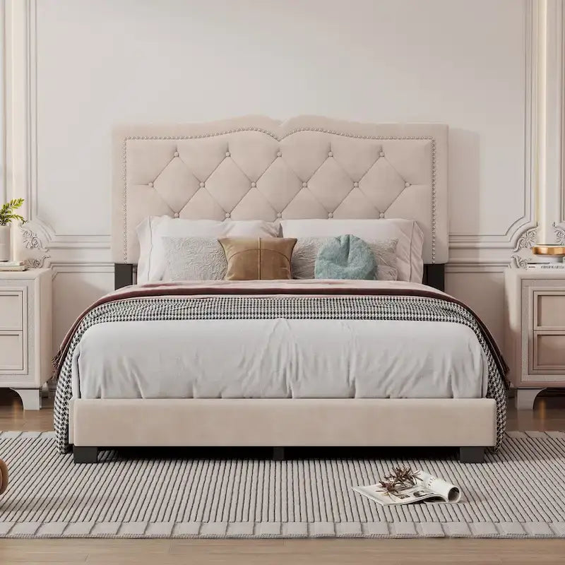 Full Size Modern Velvet Upholstered Platform Bed with Tufted Headboard