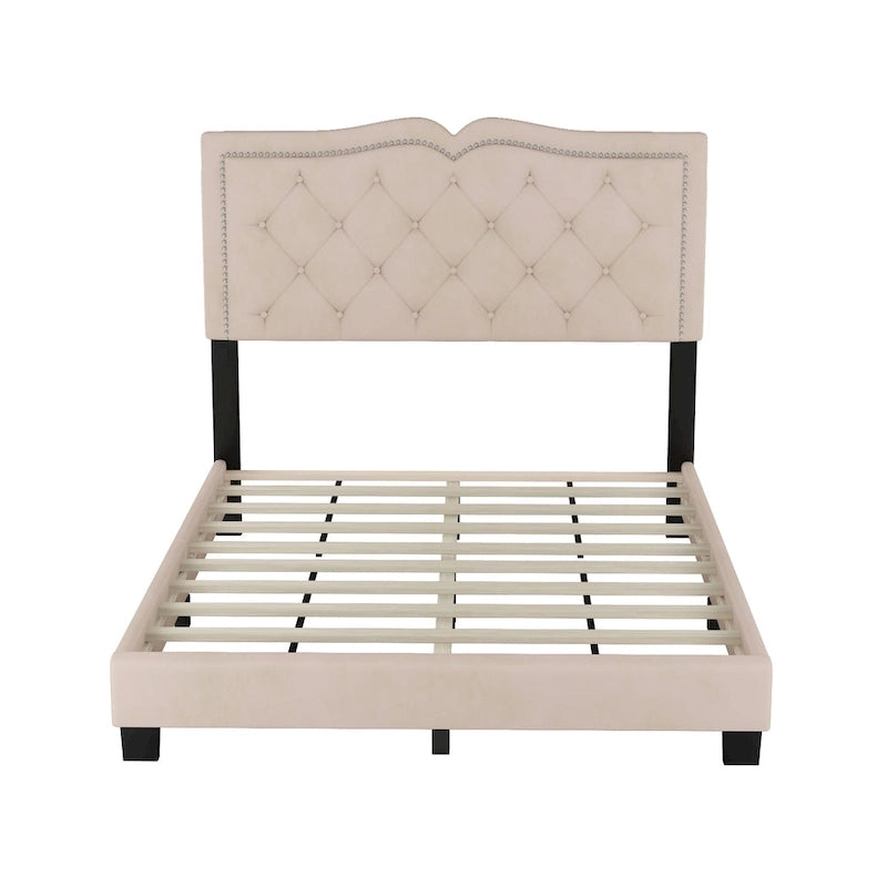 Full Size Modern Velvet Upholstered Platform Bed with Tufted Headboard