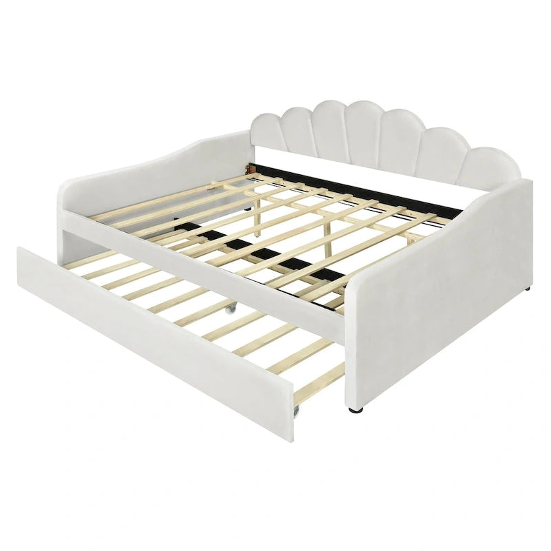 White Full Upholstery Daybed with Shell Shaped Backrest and Trundle