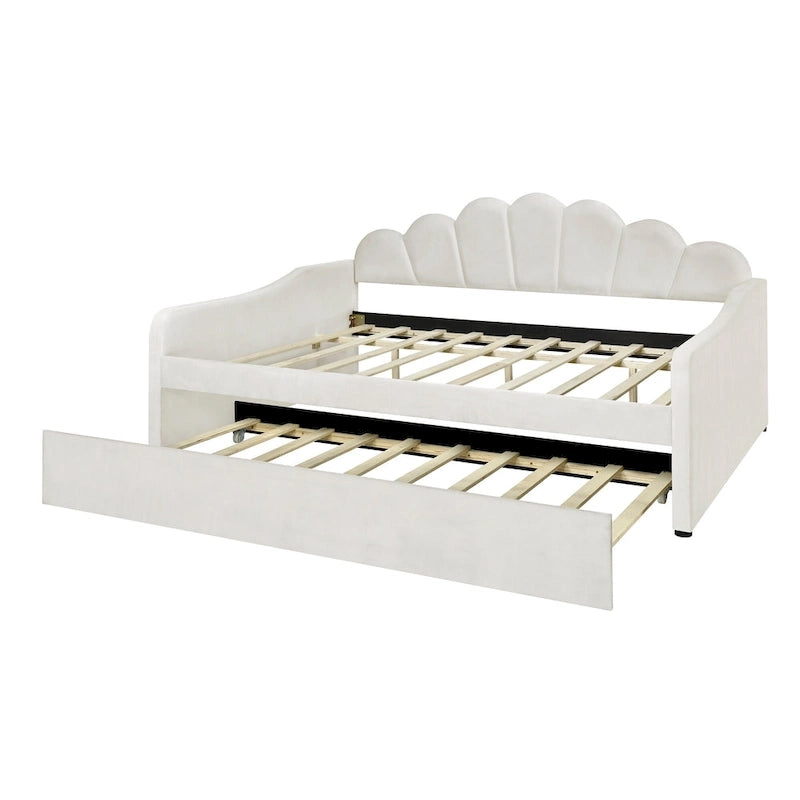 White Full Upholstery Daybed with Shell Shaped Backrest and Trundle