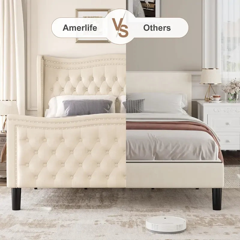 Modern Velvet Platform Bed with Upholstered Headboard