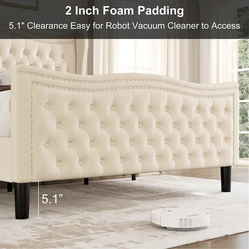 Modern Velvet Platform Bed with Upholstered Headboard