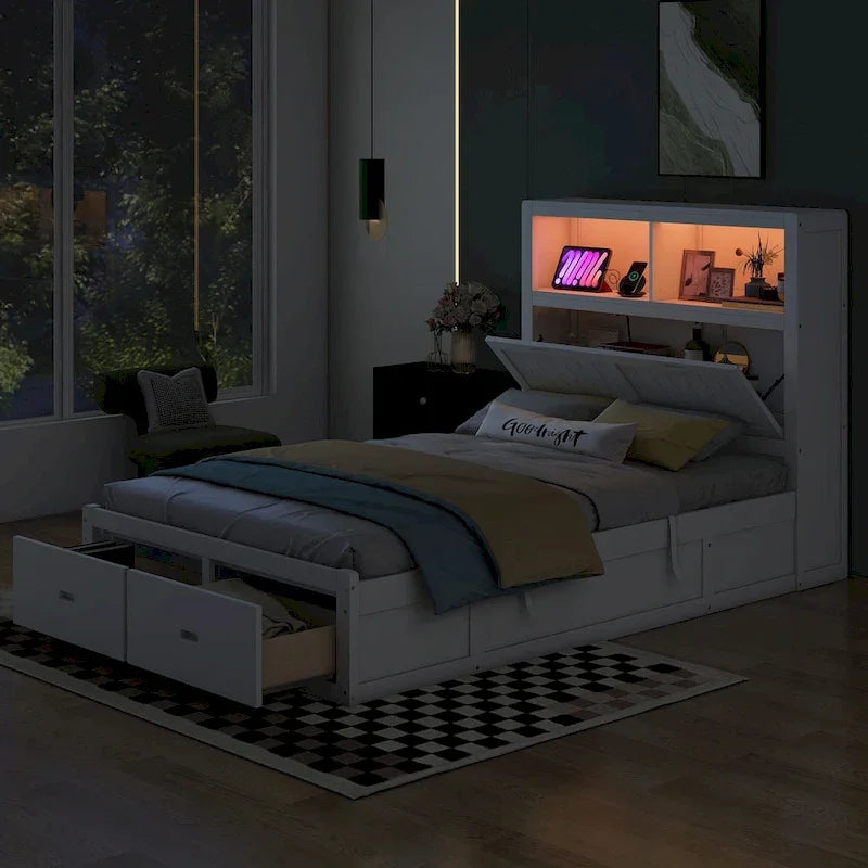 White Full Size Wooden Bed with LED Storage Headboard, Charging Station, and 2 Drawers