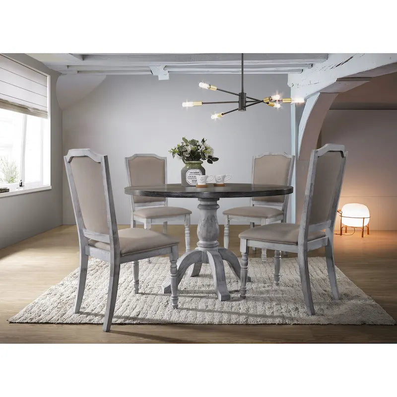 Vintage Style 5-Piece Weathered Finish Dining Set with Round Pedestal Table and 4 Upholstered Dining Chairs