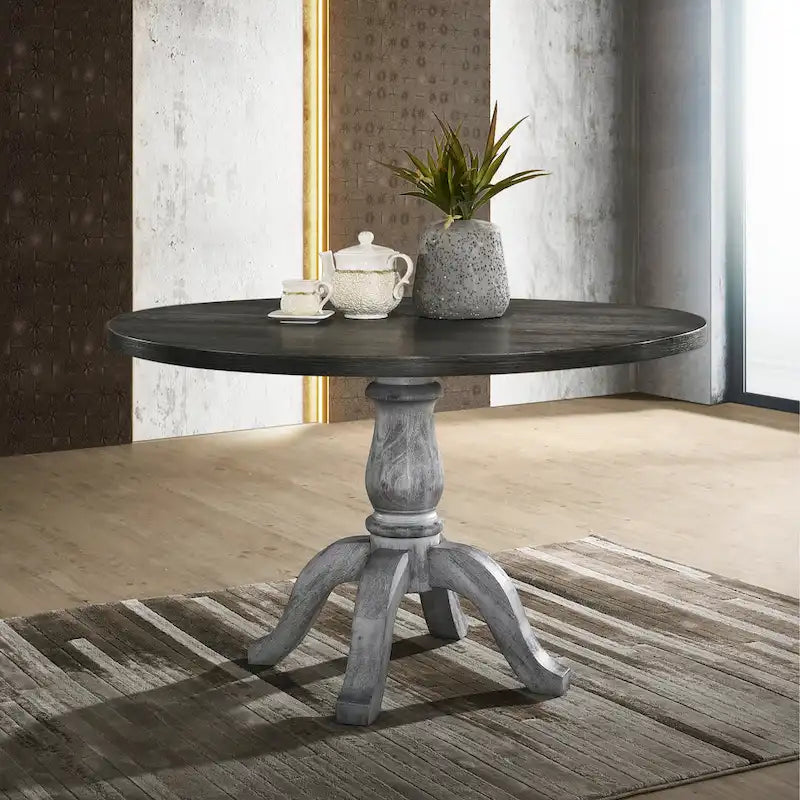 Vintage Style 5-Piece Weathered Finish Dining Set with Round Pedestal Table and 4 Upholstered Dining Chairs