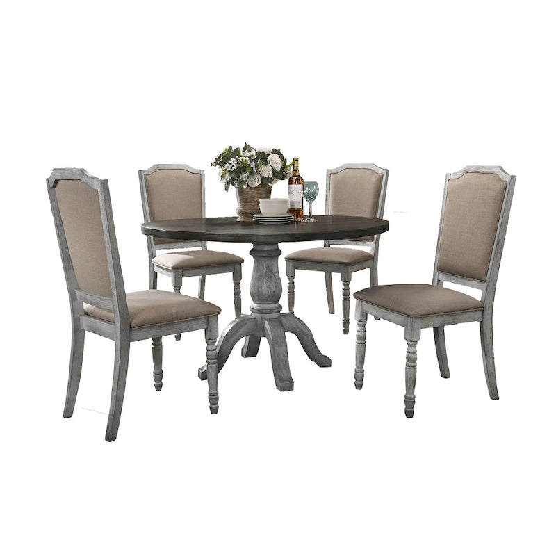 Vintage Style 5-Piece Weathered Finish Dining Set with Round Pedestal Table and 4 Upholstered Dining Chairs