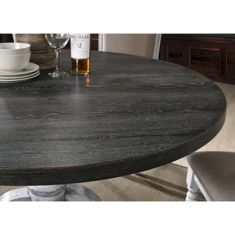 Vintage Style 5-Piece Weathered Finish Dining Set with Round Pedestal Table and 4 Upholstered Dining Chairs