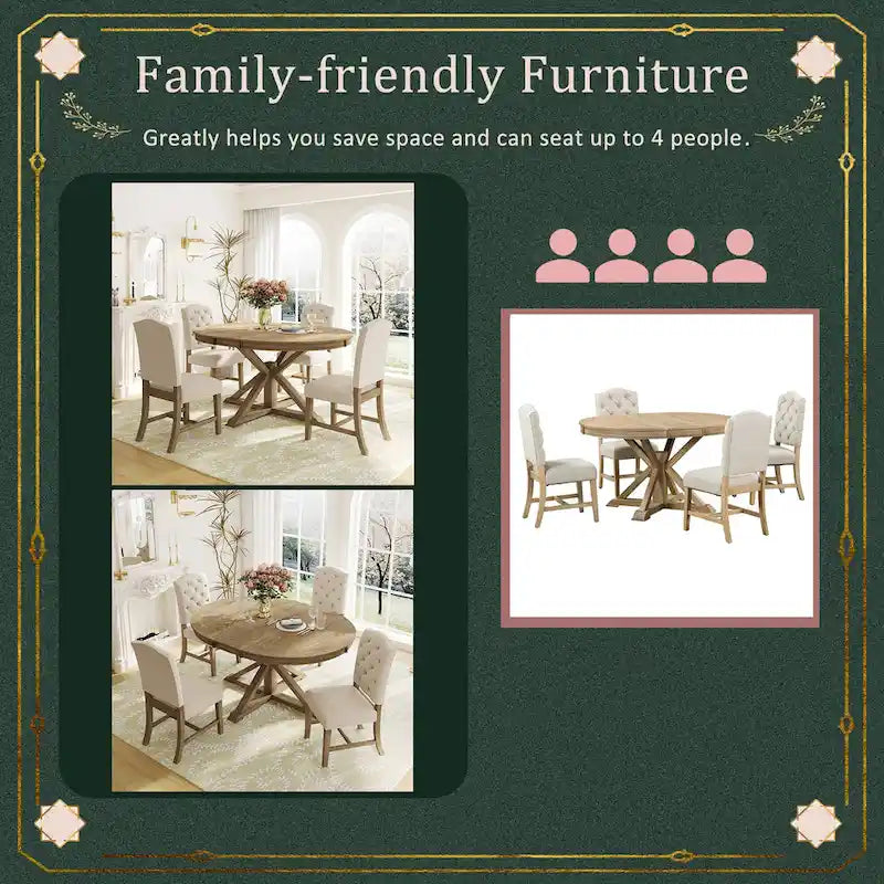 Natural Wood Wash Retro 5-Piece Wooden Dining Table Set with Extendable Round Table & 4 Chairs