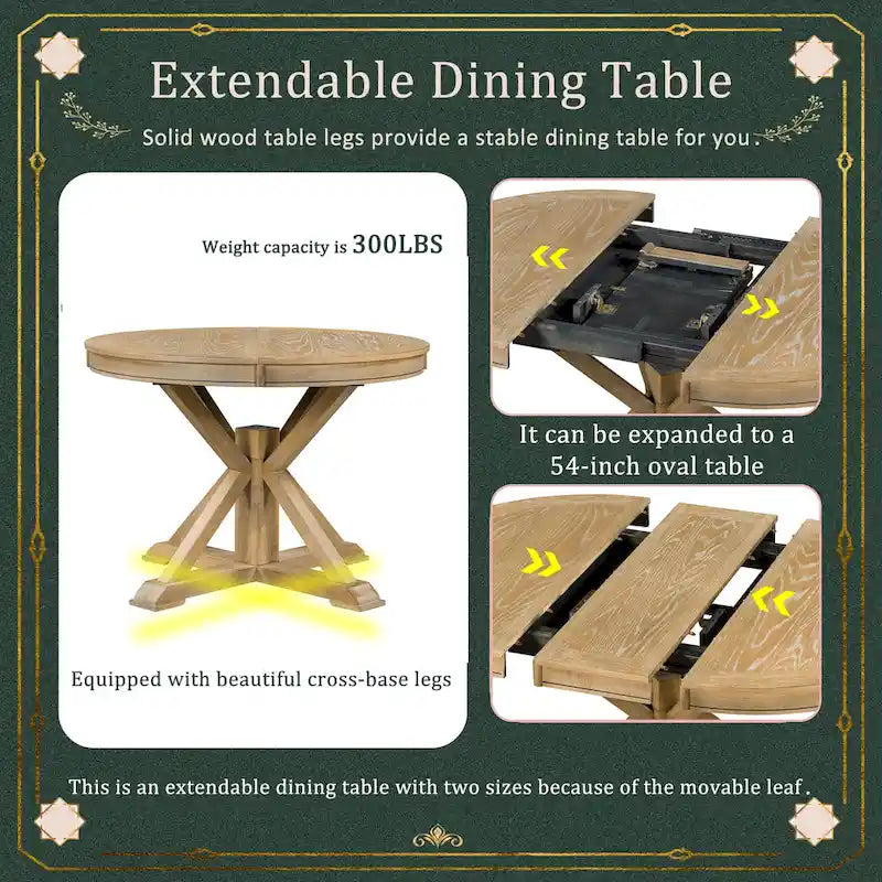 Natural Wood Wash Retro 5-Piece Wooden Dining Table Set with Extendable Round Table & 4 Chairs