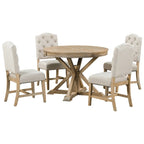 Natural Wood Wash Retro 5-Piece Wooden Dining Table Set with Extendable Round Table & 4 Chairs