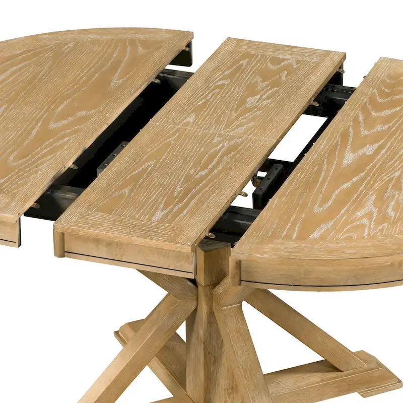 Natural Wood Wash Retro 5-Piece Wooden Dining Table Set with Extendable Round Table & 4 Chairs