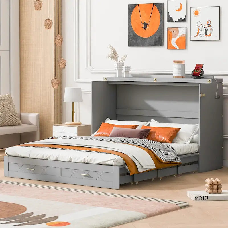 Queen Size Wooden Loft Bed with Upholstered Storage Shelf and Desk