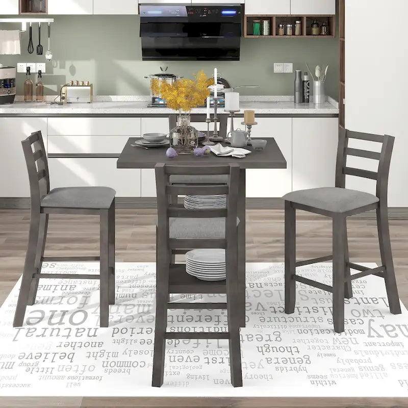 5-Piece Counter Height Wooden Dining Table Set with 4 Chairs & Storage