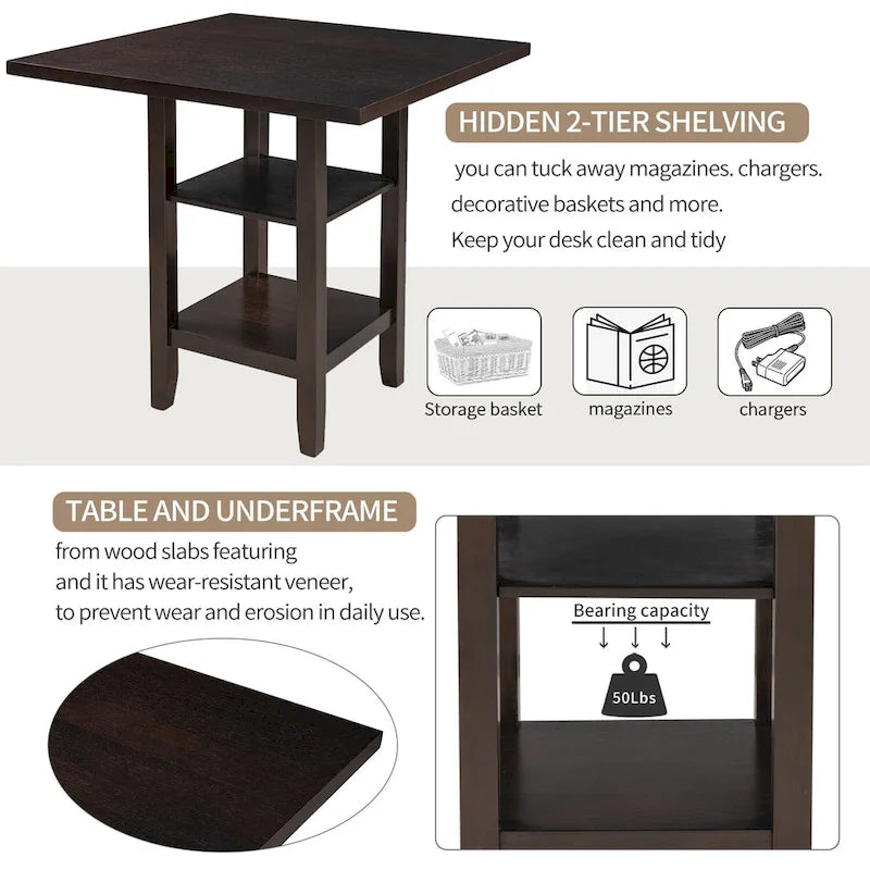 5-Piece Counter Height Wooden Dining Table Set with 4 Chairs & Storage