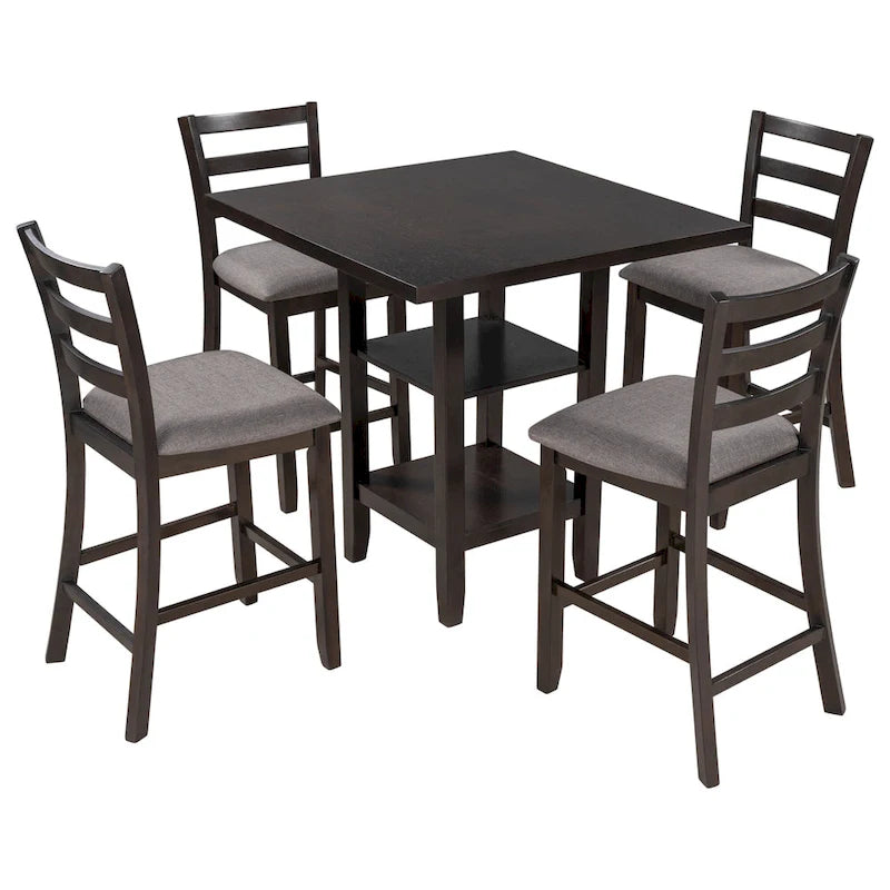 5-Piece Counter Height Wooden Dining Table Set with 4 Chairs & Storage