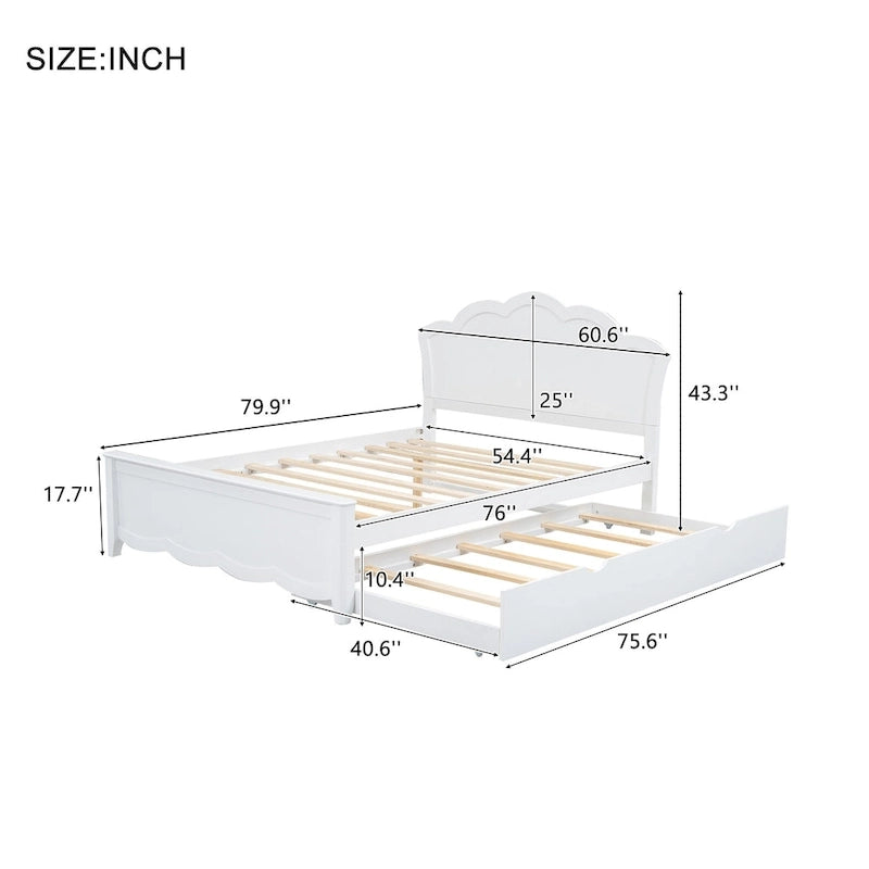 White Full Size Modern Wood Platform Bed with Headboard & Twin Trundle