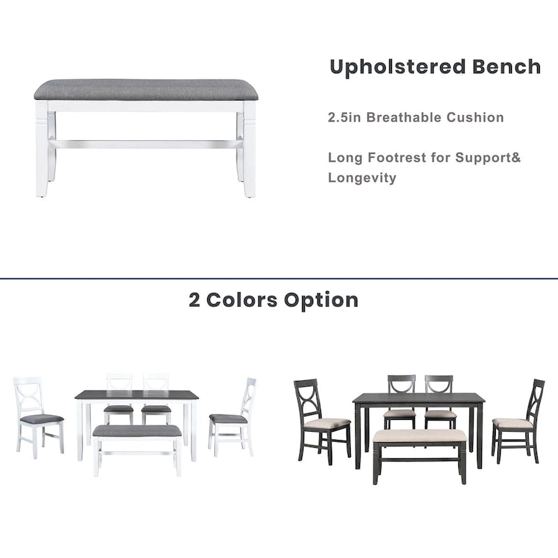 White Farmhouse 6-Piece Wooden Dining Table Set with Rectangular Table & 4 Chairs