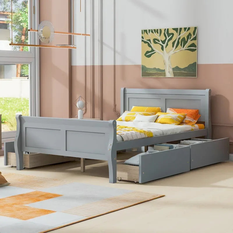 Full Pine Wood Platform Bed with 4 Drawers & Design