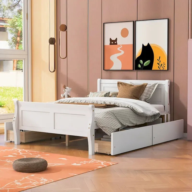 Full Pine Wood Platform Bed with 4 Drawers & Design