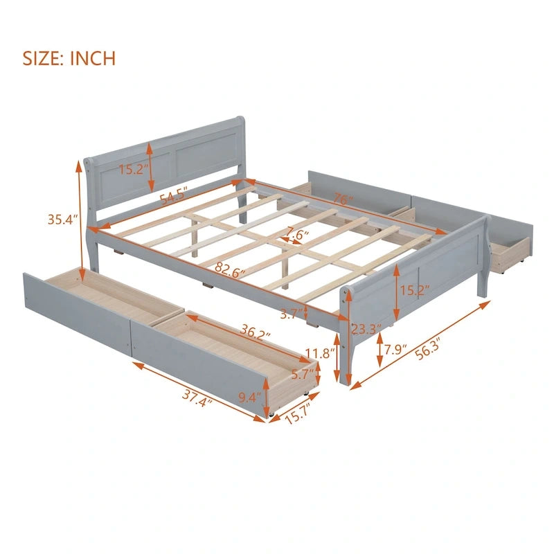 Full Pine Wood Platform Bed with 4 Drawers & Design