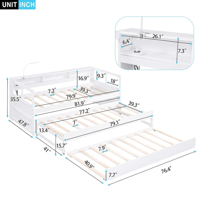 Twin XL Daybed with Trundles, Shelves & USB