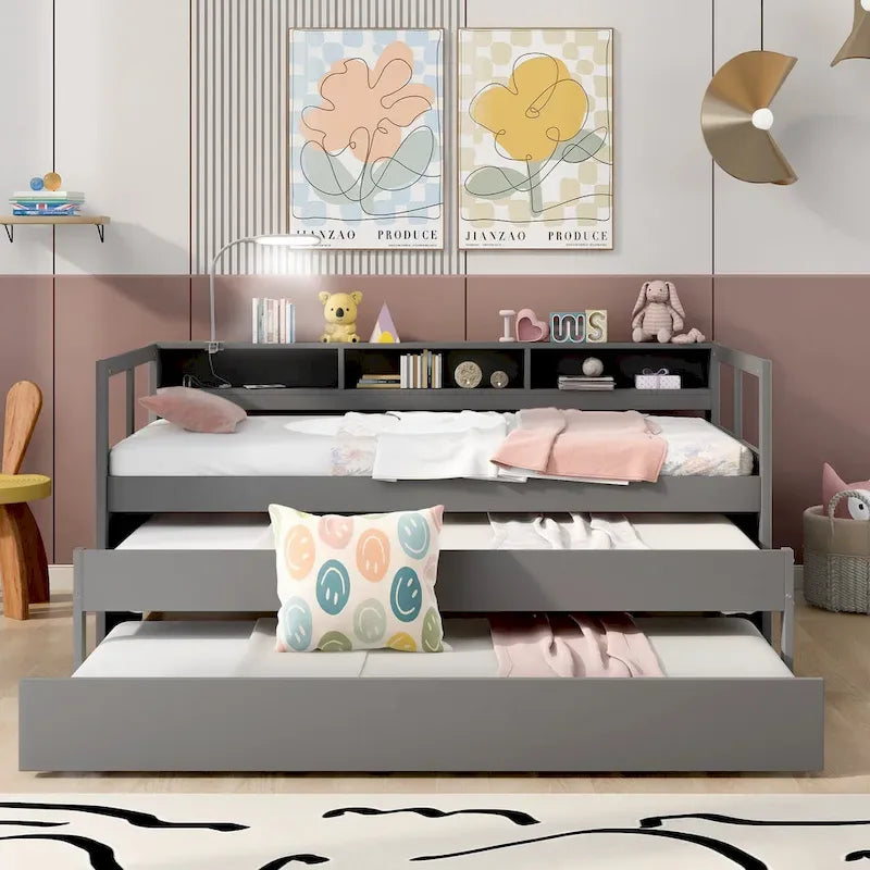 Twin XL Daybed with Trundles, Shelves & USB