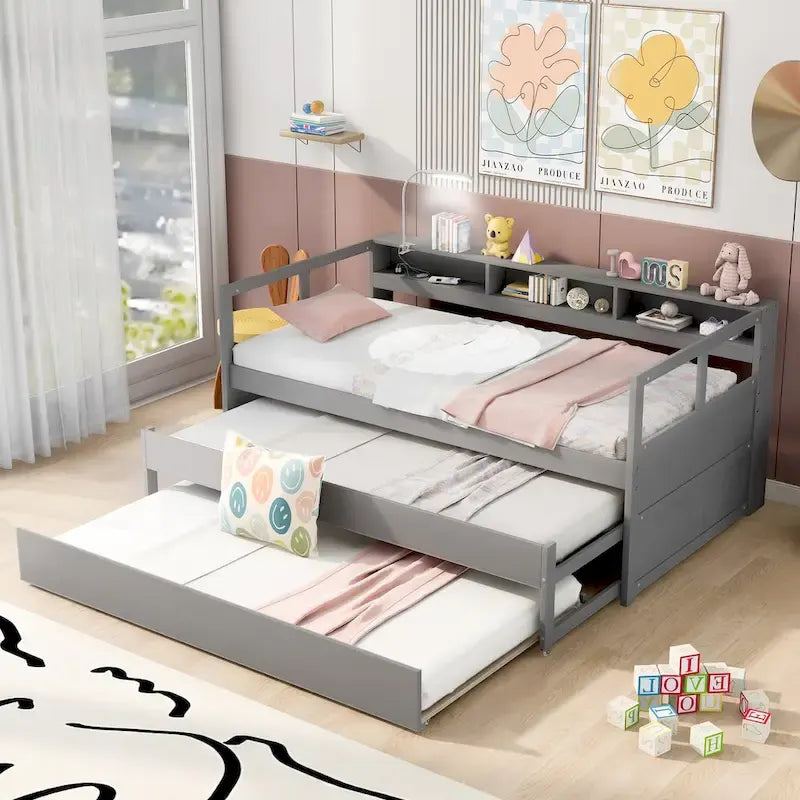 Twin XL Daybed with Trundles, Shelves & USB