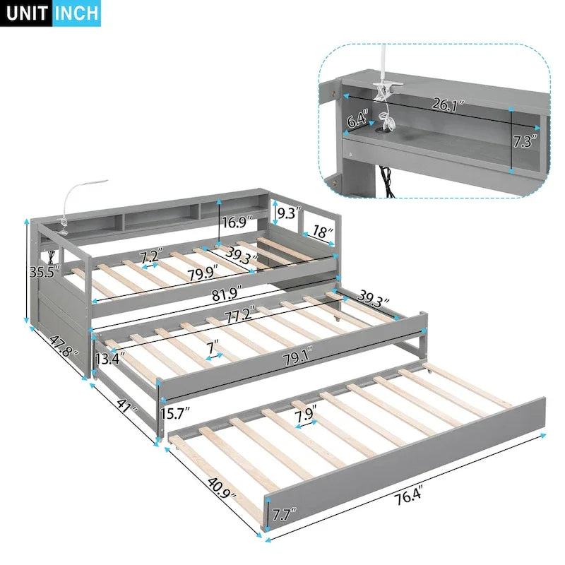 Twin XL Daybed with Trundles, Shelves & USB