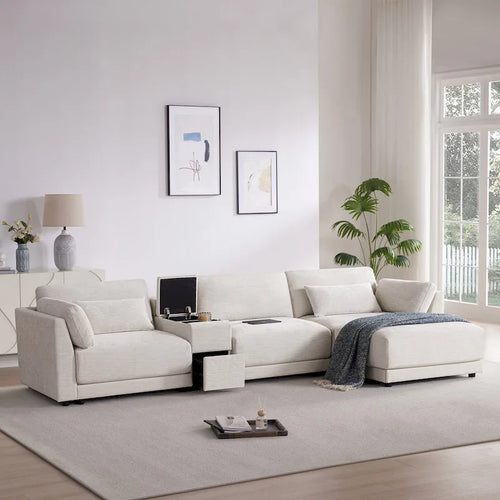 124 Chenille 4-Seater L-Shaped Sofa with Storage Console, USB