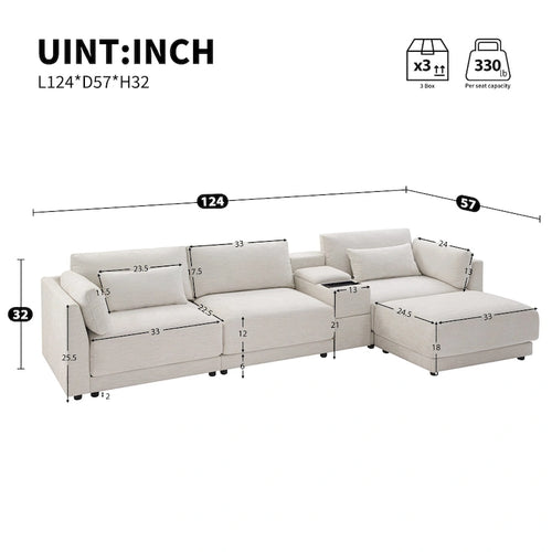 124 Chenille 4-Seater L-Shaped Sofa with Storage Console, USB
