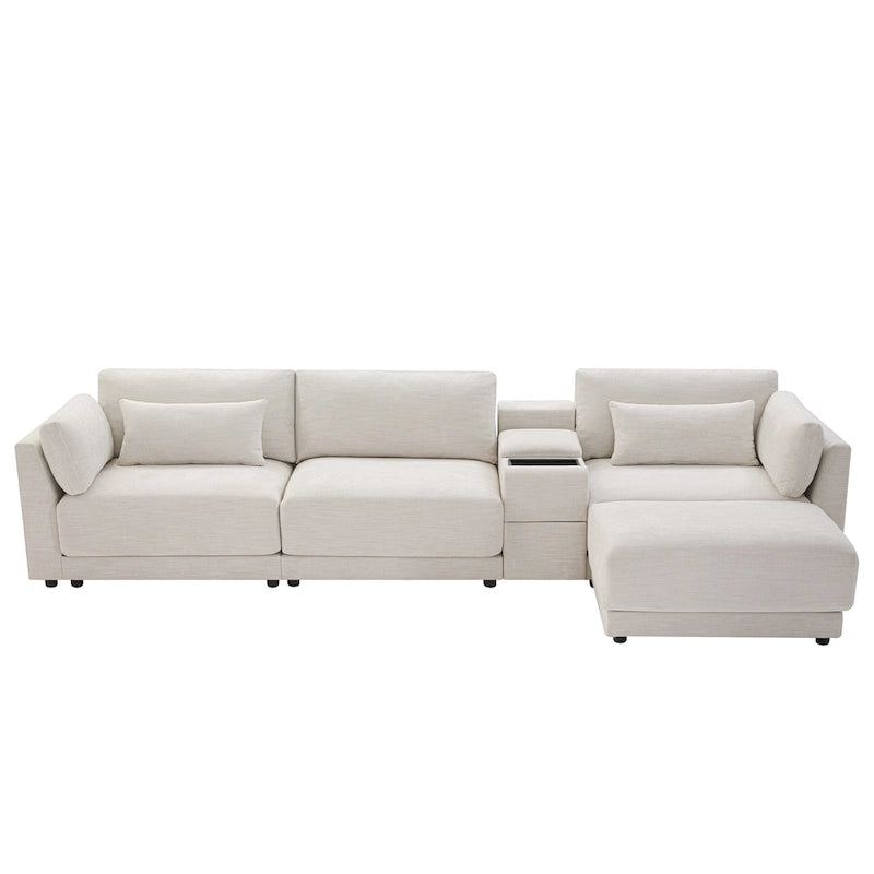 124 Chenille 4-Seater L-Shaped Sofa with Storage Console, USB