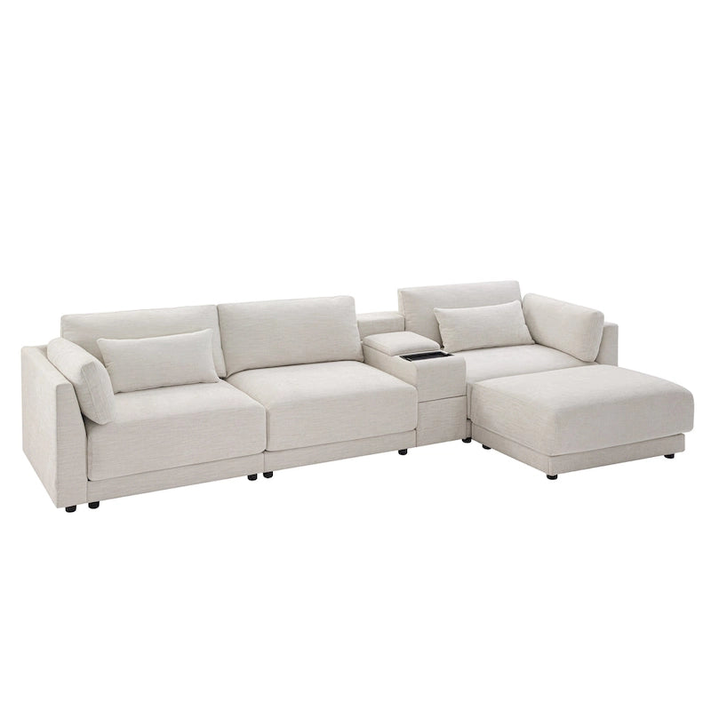 124 Chenille 4-Seater L-Shaped Sofa with Storage Console, USB