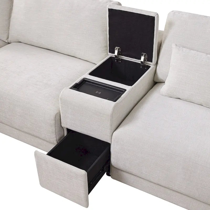 124 Chenille 4-Seater L-Shaped Sofa with Storage Console, USB
