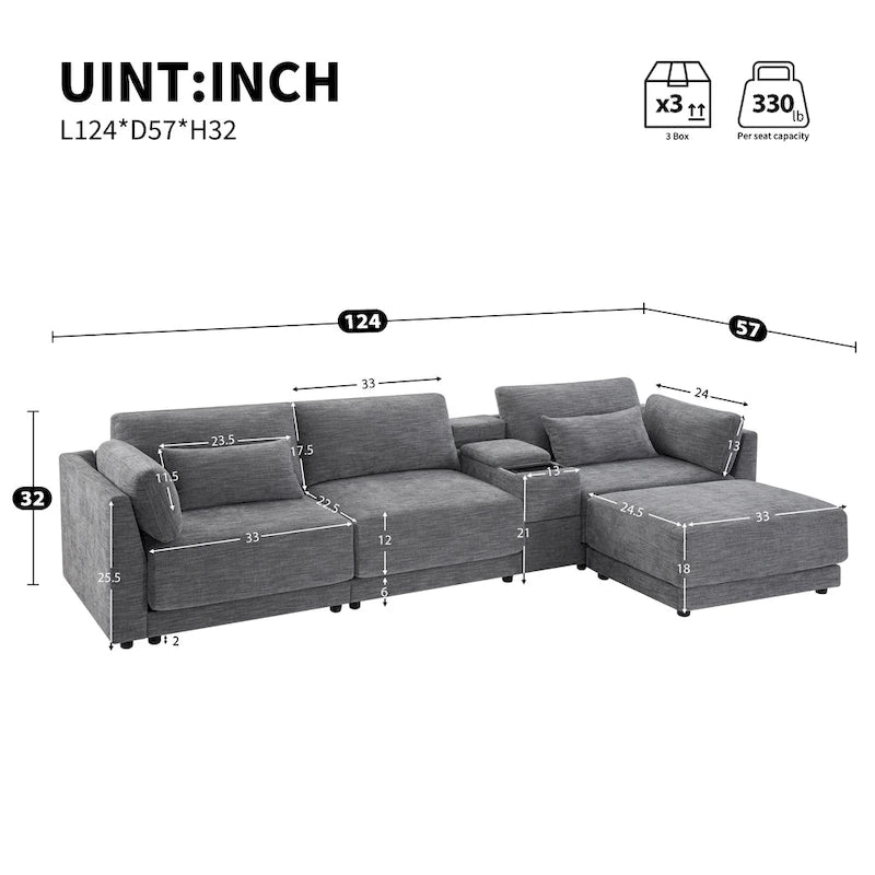 124 Chenille 4-Seater L-Shaped Sofa with Storage Console, USB