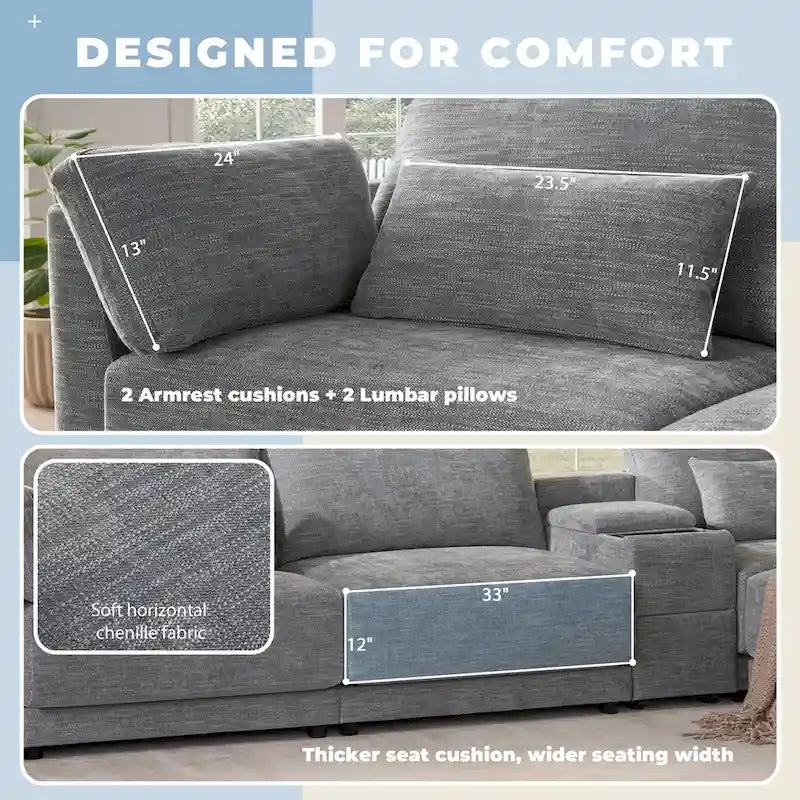 124 Chenille 4-Seater L-Shaped Sofa with Storage Console, USB